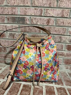 Coach Peyton Multicolor Floral Drawstring Shoulder Bag with Beige Trim